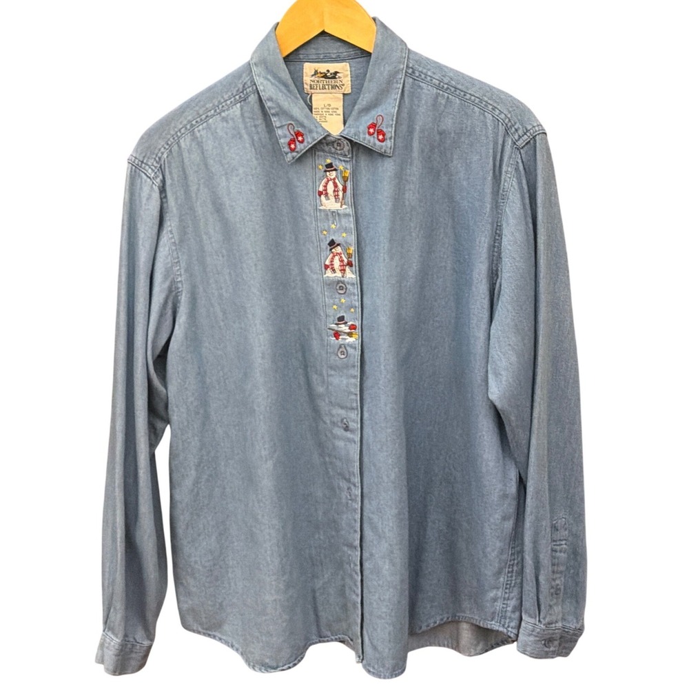 90's Northern Reflections Denim Shirt Snowman Christmas Grandma Core Holiday
